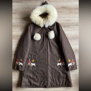 Vintage Parka Inuit Eskimo style polar bear embroidered art fur collar